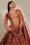 Shop_Taisha_Red Pure Raw Silk Hand Embroidered Zari And Sequin Work Jaal Bridal Lehenga Set _Online_at_Aza_Fashions