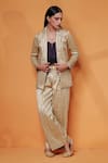 Buy_Taisha_Brown Pure Katan Silk Handwoven Fekua Geometric Pattern Blazer Notched Pant Set _Online_at_Aza_Fashions