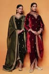 Buy_Taisha_Green Kurta And Dhoti Pant Pure Silk Velvet Hand Embroidered Set  _Online_at_Aza_Fashions