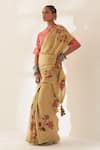 Kasturi Kundal_Brown Printed Pushpa Pure Linen Handloom Saree With Unstitched Blouse _Online_at_Aza_Fashions