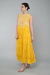 Shop_Keith Gomes_Yellow Georgette Embroidered Beads Round Yoke Tiered Dress _Online_at_Aza_Fashions