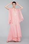 Shop_Keith Gomes_Pink Georgette Sequins Round Neck Embellished Cape Tunic And Palazzo Set _Online_at_Aza_Fashions