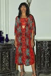 Khushbu Rathod Label_Red Crepe Silk Printed Feathers Bustier  Tube Neck Kaftan With _Online_at_Aza_Fashions