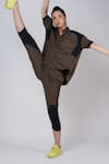 Buy_Krati Jain_Brown Cotton Blend Plain High Neck Asymmetric Shirt And Pant Set _Online_at_Aza_Fashions