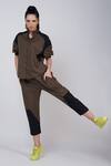 Shop_Krati Jain_Brown Cotton Blend Plain High Neck Asymmetric Shirt And Pant Set _Online_at_Aza_Fashions