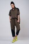 Krati Jain_Brown Cotton Blend Plain High Neck Asymmetric Shirt And Pant Set _at_Aza_Fashions