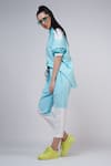 Krati Jain_Blue Cotton Blend Plain High Neck Colorblock Shirt And Pant Set _Online_at_Aza_Fashions