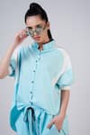 Buy_Krati Jain_Blue Cotton Blend Plain High Neck Colorblock Shirt And Pant Set _Online_at_Aza_Fashions