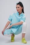 Shop_Krati Jain_Blue Cotton Blend Plain High Neck Colorblock Shirt And Pant Set _Online_at_Aza_Fashions