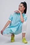 Krati Jain_Blue Cotton Blend Plain High Neck Colorblock Shirt And Pant Set _at_Aza_Fashions