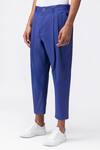 Buy_Genes Lecoanet Hemant_Blue Cotton Twill Plain Pleated Trouser  _Online_at_Aza_Fashions