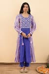Pita Nila_Purple Chanderi, Silk Organza, Cotton Kira Printed Gathered Kurta Set _Online_at_Aza_Fashions