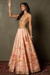 Buy_RI.Ritu Kumar_Peach Lehenga - Poly Dupion And Embroidery Floral V Neck Jardin Set _Online_at_Aza_Fashions