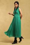 Ritu Kumar_Green Crepe Round Neck Cinched Waist Midi Dress_Online_at_Aza_Fashions