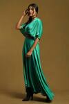 Ritu Kumar_Green Satin V-neck Pleated Yoke Kaftan Style Dress _Online_at_Aza_Fashions