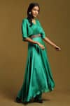 Buy_Ritu Kumar_Green Satin V-neck Pleated Yoke Kaftan Style Dress _Online_at_Aza_Fashions