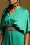 Shop_Ritu Kumar_Green Satin V-neck Pleated Yoke Kaftan Style Dress _Online_at_Aza_Fashions