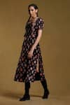 Ritu Kumar_Black Silk Velvet Floral Square Neck Midi Dress _Online_at_Aza_Fashions