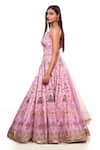 Shop Archana Kochhar Pink Silk, Net Embroidery, Mirrors, Flower Vine Print Lehenga Set With Belt Online at Aza Fashions Shop_Archana Kochhar_Pink Silk, Net Embroidery, Mirrors, Flower Vine Print Lehenga Set With Belt _Online_at_Aza_Fashions