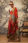 Kalista_Orange Crepe Printed Mughal V Neck Aamna Kaftan _Online_at_Aza_Fashions