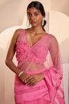 Buy_Shloka Khialani_Pink Net Embellished Floral V Neck Claire Pre-draped Saree With Blouse  _Online_at_Aza_Fashions