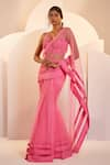 Shop_Shloka Khialani_Pink Net Embellished Floral V Neck Claire Pre-draped Saree With Blouse  _Online_at_Aza_Fashions