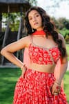 Redpine Designs_Red Viscose, Net Sequins, Embroidery, Cut Work Floral Print Lehenga Set _at_Aza_Fashions
