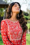 Shop_Redpine Designs_Red Print Chevron Round Neck Floral Kurta And Sharara Set _Online_at_Aza_Fashions