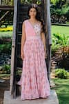 Redpine Designs_Pink Viscose Georgette Print Kasab V Neck Daisy Floral Embroidered Gown _Online_at_Aza_Fashions