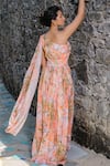 Shop_Redpine Designs_Peach Viscose Crepe Print Water Splash Floral Asymmetric Neck Jumpsuit _Online_at_Aza_Fashions