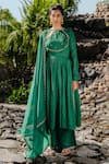 Redpine Designs_Green Anarkali And Pant Chanderi Embroidery Zardozi Straight Neck Placement Set _Online_at_Aza_Fashions