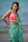 LASHKARAA_Green Silk Print Tropical Floral Sweetheart Neck Pre-draped Saree With Blouse _Online_at_Aza_Fashions