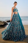 Buy_LASHKARAA_Blue Georgette Print Floral Scoop Neck And Kingfisher Bird Tiered Lehenga Set_Online_at_Aza_Fashions