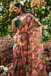 Lashkaraa_Multi Color Chiffon, Satin Crystals V-neck Floral Print Pre-draped Saree Set_Online_at_Aza_Fashions