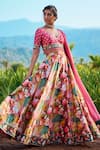 Buy_LASHKARAA_Multi Color Silk Print Floral V Neck Vintage Flower Vine Lehenga Set _Online_at_Aza_Fashions