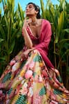 LASHKARAA_Multi Color Silk Print Floral V Neck Vintage Flower Vine Lehenga Set _at_Aza_Fashions