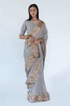 Shop_Nikita Vishakha_Grey Saree Georgette Embellished Mirror V Neck Work Gold Border With Blouse _Online_at_Aza_Fashions