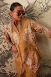 Shop_Kalista_Yellow Cotton Slub Hand Painted Floral Mandarin Collar Olivia Tunic And Pant Set _Online_at_Aza_Fashions