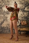 Kalista_Green Viscose Satin Printed Botanical Mandarin Dahlia Pattern Tunic And Pant Set _Online_at_Aza_Fashions