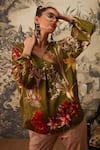 Buy_Kalista_Green Viscose Satin Printed Botanical Mandarin Dahlia Pattern Tunic And Pant Set _Online_at_Aza_Fashions