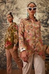 Shop_Kalista_Green Viscose Satin Printed Botanical Mandarin Dahlia Pattern Tunic And Pant Set _Online_at_Aza_Fashions