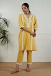 OMI_Yellow Cotton Embroidered V Neck Straight Kurta And Pant Set _Online_at_Aza_Fashions