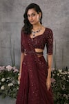 Buy_Pritika Vora_Maroon Lehenga  Organza Silk Embroidered Thread V Neck Bridal Set With Belt _Online_at_Aza_Fashions