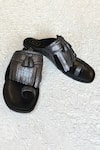 Shop_Sandalwali_Black Leather Lady Suzy Shimmer Kolhapuri Flats_at_Aza_Fashions