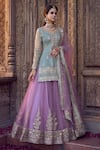 LASHKARAA_Purple Net Embroidery Zari V Neck Flower Kurta Lehenga Set _Online_at_Aza_Fashions