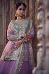 Buy_LASHKARAA_Purple Net Embroidery Zari V Neck Flower Kurta Lehenga Set _Online_at_Aza_Fashions