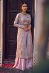 Lashkaraa_Pink Satin Sequins, Zari V-, Round And Embroidered Jacket Set_Online_at_Aza_Fashions