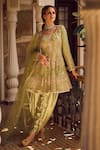 LASHKARAA_Green Net Embroidery Zari Scoop Neck Intertwined Floral Kurta Tulip Pant Set _Online_at_Aza_Fashions