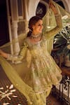 Shop_LASHKARAA_Green Net Embroidery Zari Scoop Neck Intertwined Floral Kurta Tulip Pant Set _Online_at_Aza_Fashions