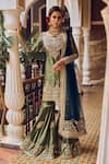 LASHKARAA_Green Satin Embroidery Zari Boat Neck And Flower Cluster Kurta Gharara Set_Online_at_Aza_Fashions